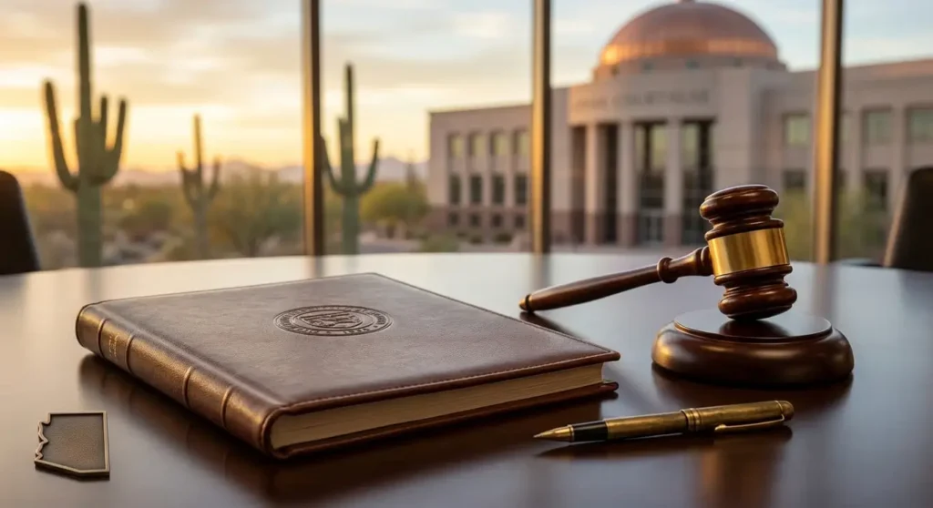 A sealed leather legal document and wooden gavel with a gold band resting on a conference table, alongside a pen and a small Arizona state cutout, with a view of saguaro cacti, a sunset, and a domed courthouse building through the window.