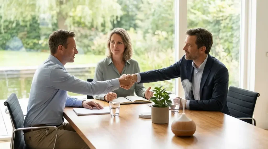 Two men shaking hands across a conference table while a female mediator looks on approvingly, with notebooks, water glasses, and a small plant on the table in a bright, garden-view meeting room, representing a successful divorce mediation agreement.