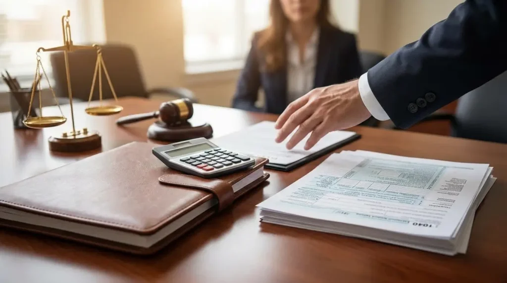 An attorney sliding documents across a desk toward a client during a legal consultation, with a calculator, leather portfolio, IRS Form 1040 tax documents, a wooden gavel, and brass scales of justice on the desk, representing a spousal maintenance financial review.
