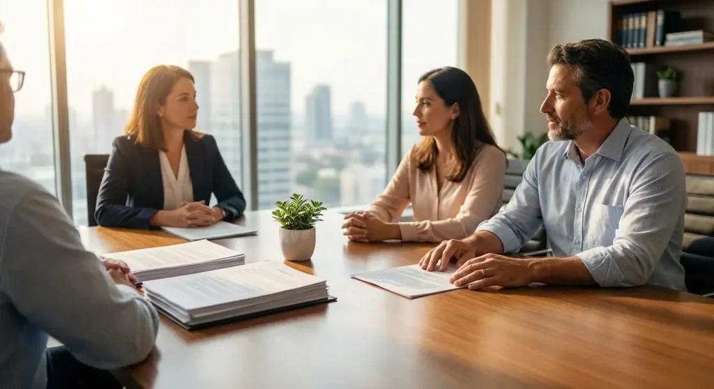 A female attorney in a blazer meeting with a couple across a conference table covered in legal documents, with a small potted plant centerpiece and a sunlit city skyline visible through large windows, representing a child custody legal consultation in Phoenix.