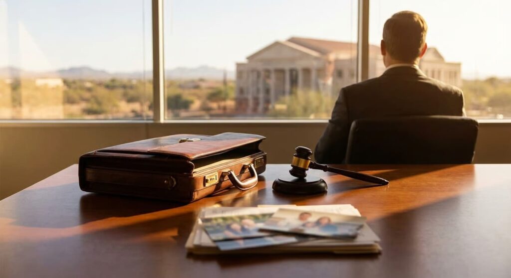 An attorney in a dark suit sitting with his back to the camera gazing out at a desert courthouse and mountain landscape, with a leather briefcase, wooden gavel, and a stack of family photographs on the desk in the foreground, representing a Phoenix paternity law case.